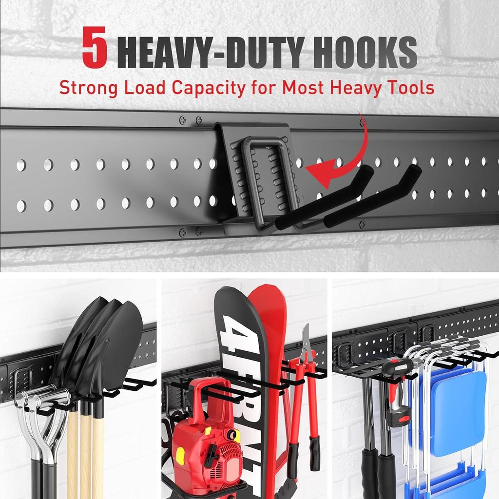 Garage Tool Organizer Wall Mount 48 Inches with 10 Adjustable Heavy-Duty Hooks, Garage Organization Garden Storage Rack Up To 400 Lbs