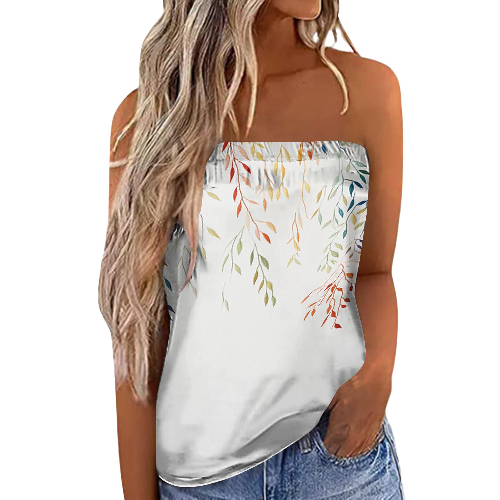 Women s Summer Sexy Strapless Off-Shoulder Elastic Band Floral Print Top L