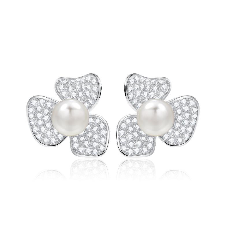 

2025 High-End Micro-Paved Zircon & Faux Pearl Flower Stud Earrings for Women - Exquisite, Light Luxury, Square & Round Design Copper Alloy