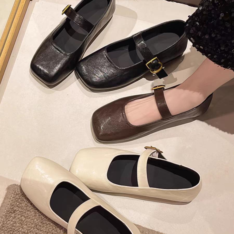 Elegant Retro Square Head Mary Jane Single Shoes Women's Shallow Mouth Versatile with Skirt Small Leather Shoes Low Heel Single Shoes