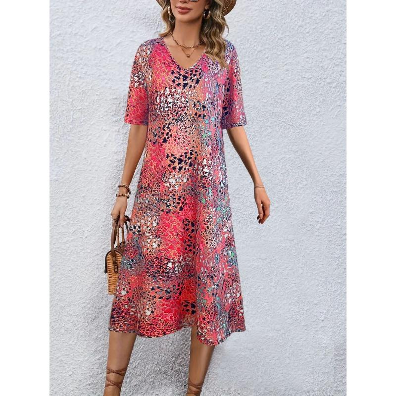 Women's Floral Print Dress Spring/Summer V-neck Short-sleeved Paraded Long Dress
