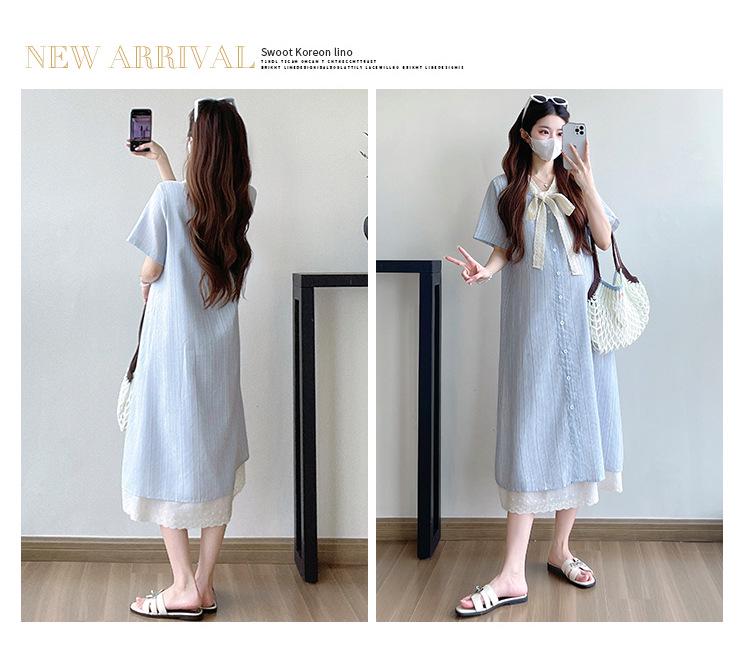 Striped Lace Patchwork Bow Maternity Dress