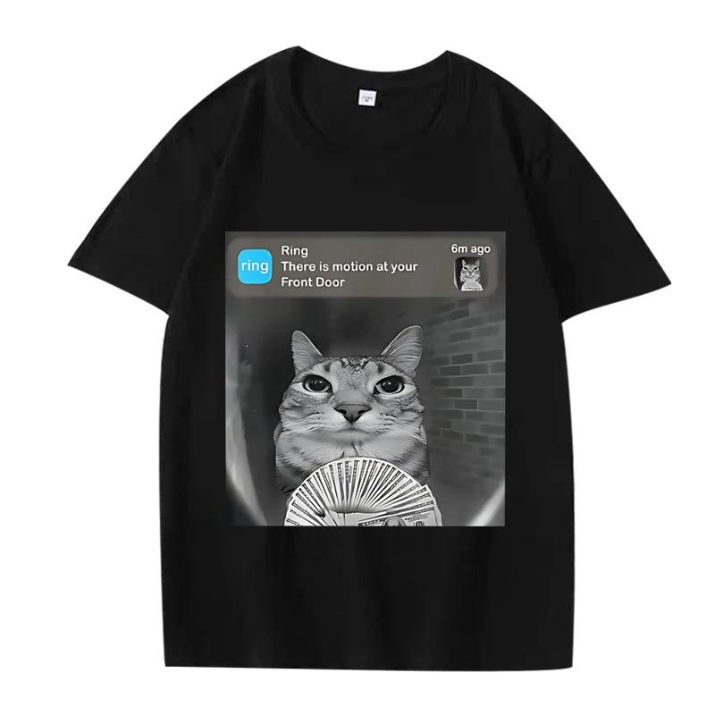 There Is Motion At Your Front Door Funny Silly Cat Meme T Shirt Men Women Oversized Cotton Short Sleeve Summer Unisex Tops Soft