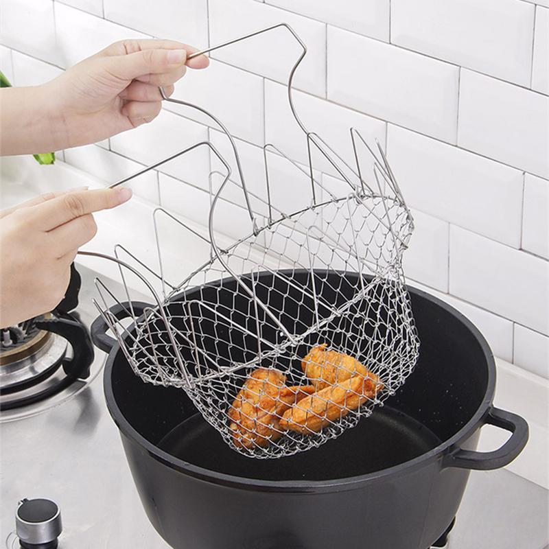 Foldable Steam Rinse Strain Stainless Steel Folding Frying Basket Colander Sieve Mesh Strainer