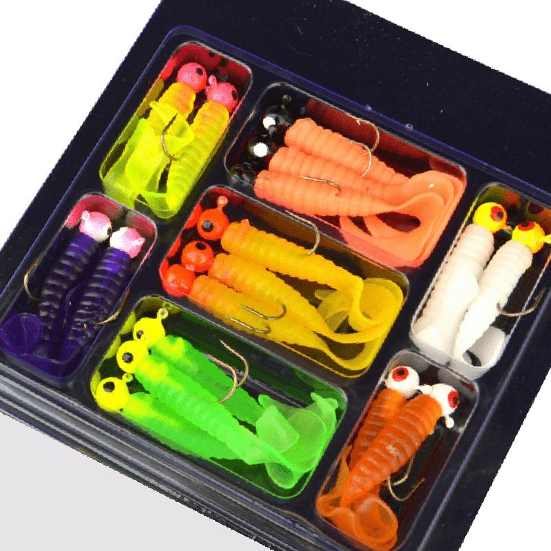 34pcs Metal Jig Head Fishing Hooks and Lures 17Pcs Complete Jig Head & Soft Bait Kit Metal Hooks with Silicone Grubs for Bass 260319