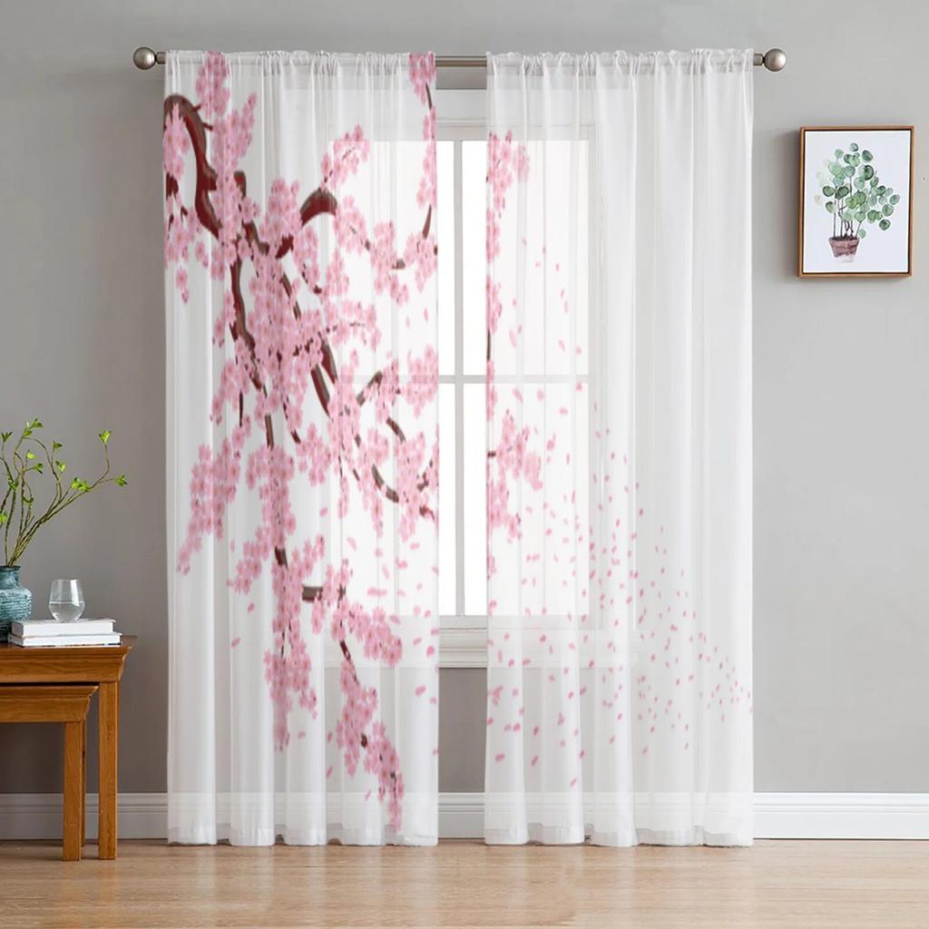 Dream Cherry Blossom Pink Sheer Curtains for Girl Kids Bedroom Kitchen Window Drapes Curtain Home Decoration