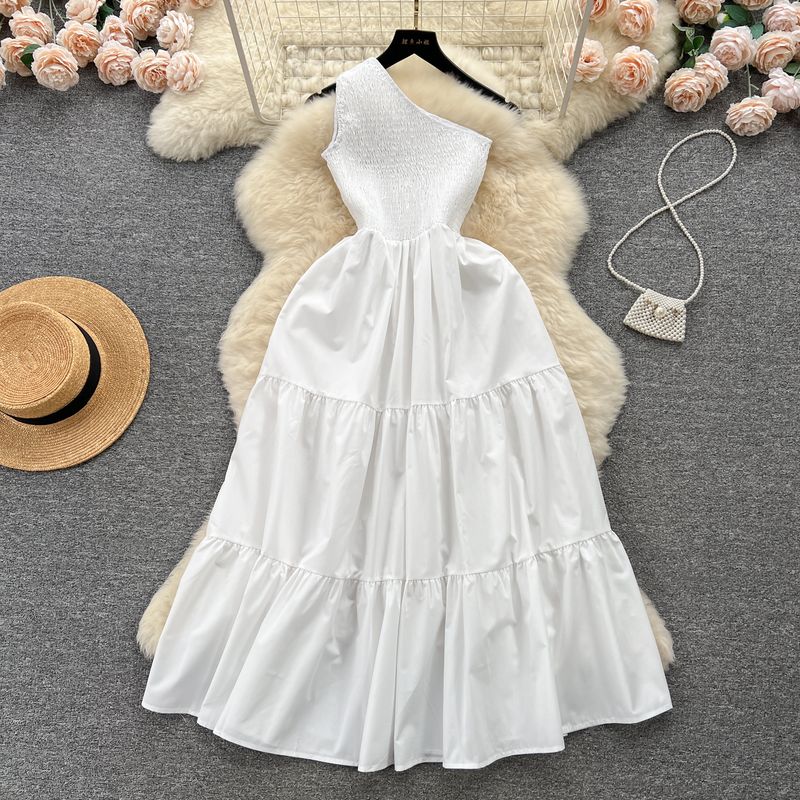 

Accessible Luxury Socialite Style Diagonal Collar Summer Sling Dress White One size