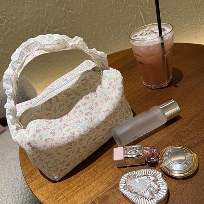 Cute Small Floral Printed Portable Hand-Held Makeup Bag Traveling Large Capacity Storage Toiletry Handbag