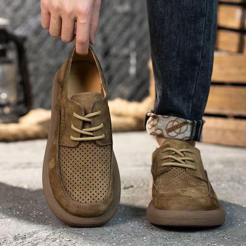 Hollow Leather Shoes Men's Hole Shoes Summer New Men's Shoes Leather Breathable Trend Versatile Platform Retro Casual Shoes
