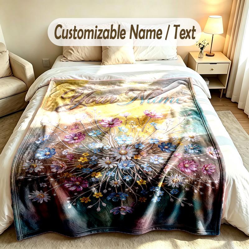Floral Garden Theme Soft Blanket Personalized Custom Name Text Print Warm Blanket Home Sofa Bedroom Decor