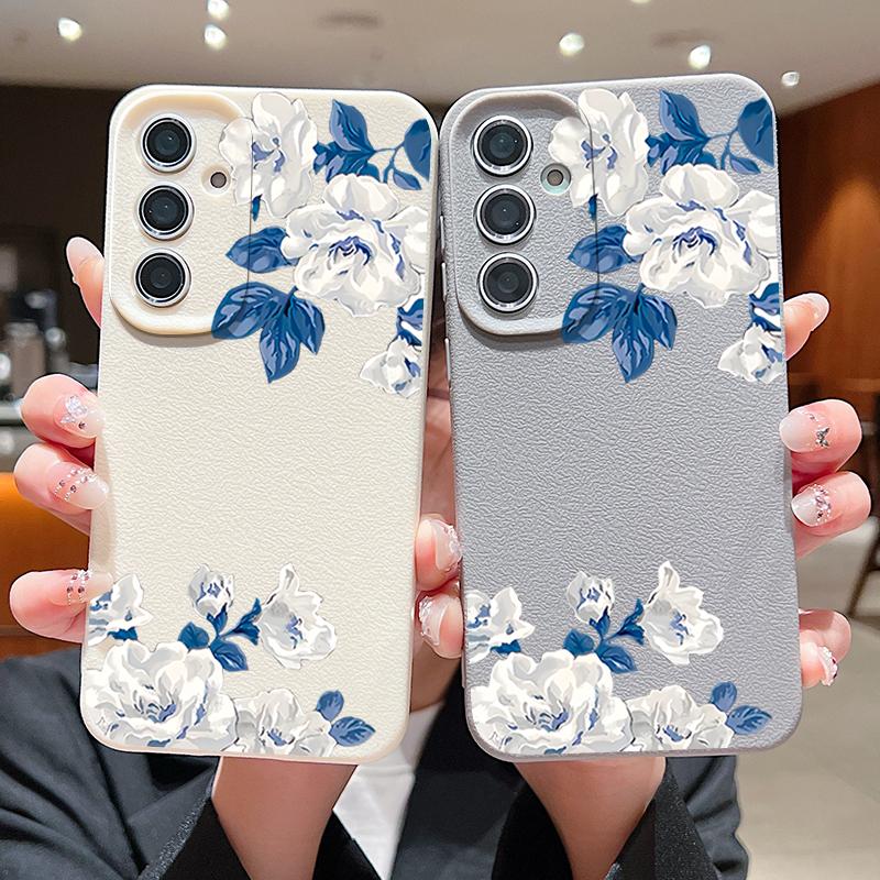Funda Floral de Gardenia Blanca Para Samsung S26 S25 S24 Ultra S23 S22 S21 FE A15 A16 A17 A26 A35 A36 A37 A54 A55 A56 A57 5G Cubierta de Silicona con Textura de Cuero