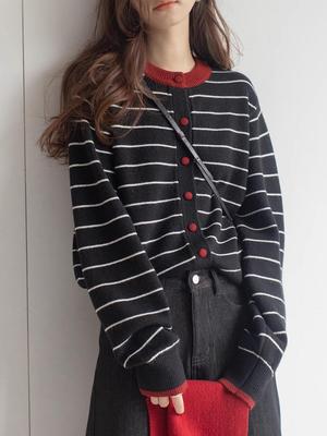 Contrast Color Striped Round Neck Knit Cardigan - Autumn/Winter Soft Casual Style Women's Sweater Coat