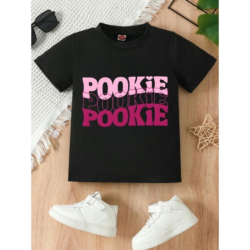 

European sizes Summer Fashion Girls Short-sleeved T-shirt, Pink Slogan Pookie Print, Casual and Versatile Top. 98cm чёрный