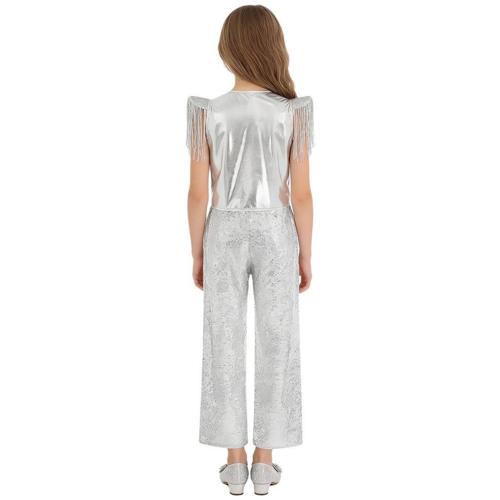 Kids Jazz Dance Costume Set Sequin Embellished Cap Sleeve V Neck Asymmetrical Hem Zip Vest with Elastic Waist Pants for Stage Competition
