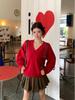 Song Zheng En Women's Lazy Style Red V-Neck Sweater - Soft, Loose Knitwear for Autumn/Winter