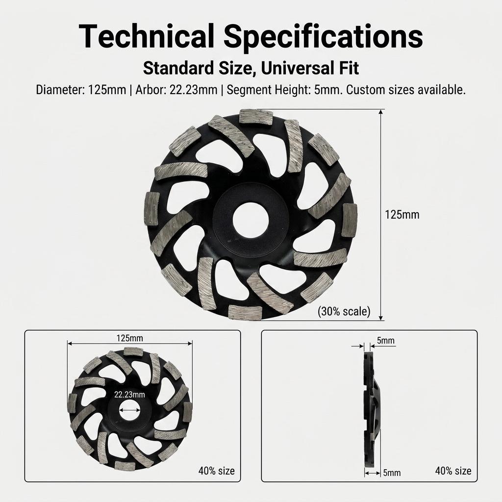 125mm L-Type Marble Stone & Concrete Grinding Wheel with 8 Slanted & 8 Horizontal Segments - Epoxy Floor Disc.