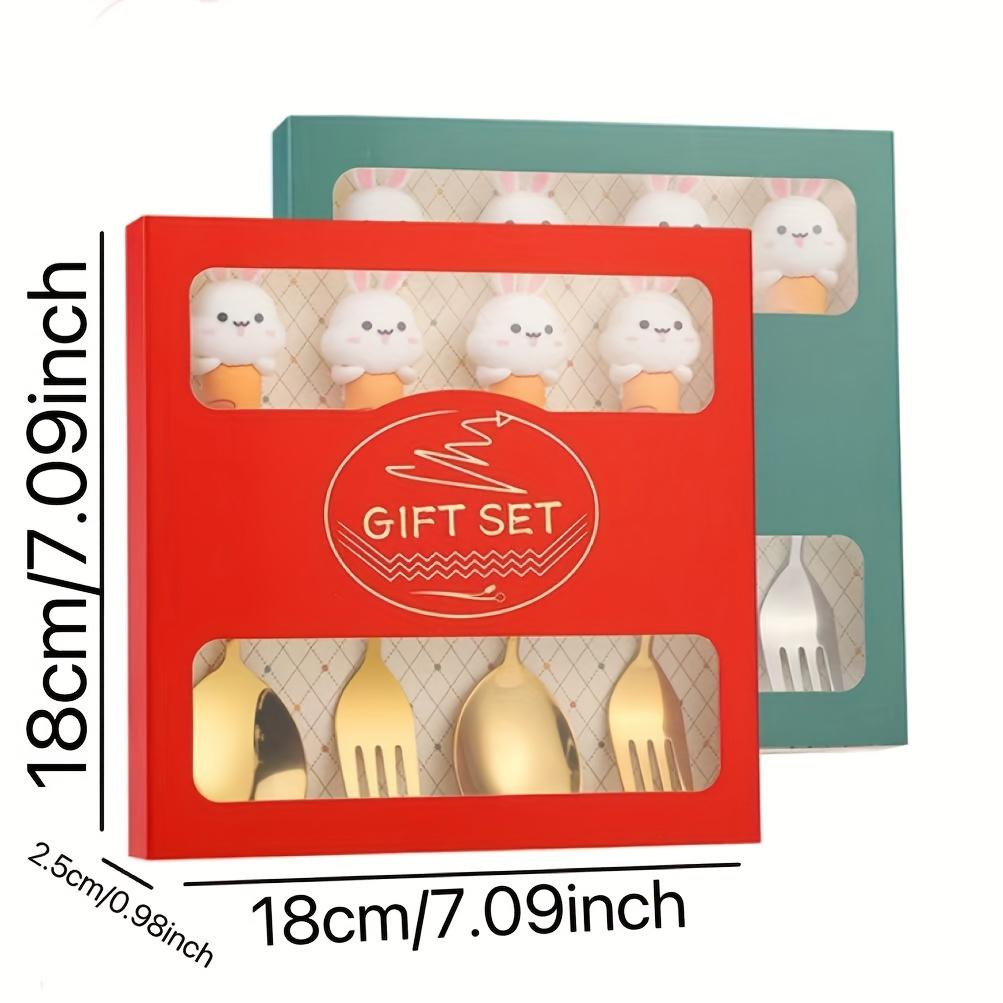 4pcs Cute Rabbit Gift Stainless Steel Spoon Fork Cutlery Set with Adorable Cartoon Bunny Figurine Gift Box