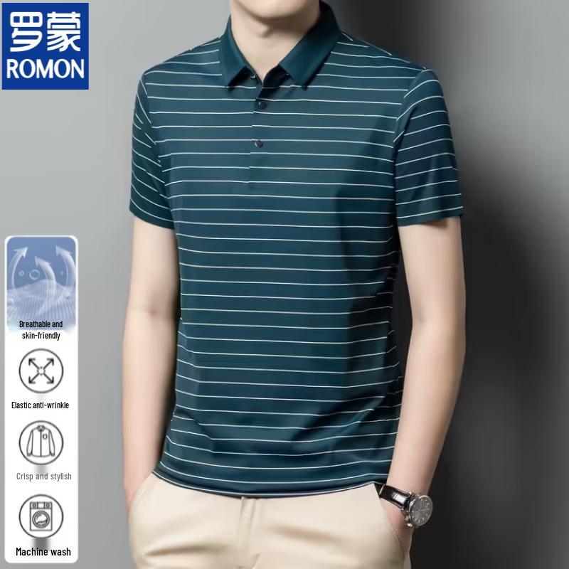 Romone Men's Striped Business Casual Polo Shirt