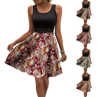 Women's Fashionable Retro Printed Color Blocked Vest Casual Dress