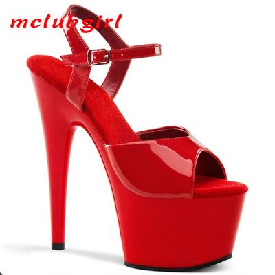 Mclubgirl Women's Shoes Patent Leather High Heel Fish Mouth Fashion Word Fashion Dance Sandals 17cm Heel 7cm Platform YKC