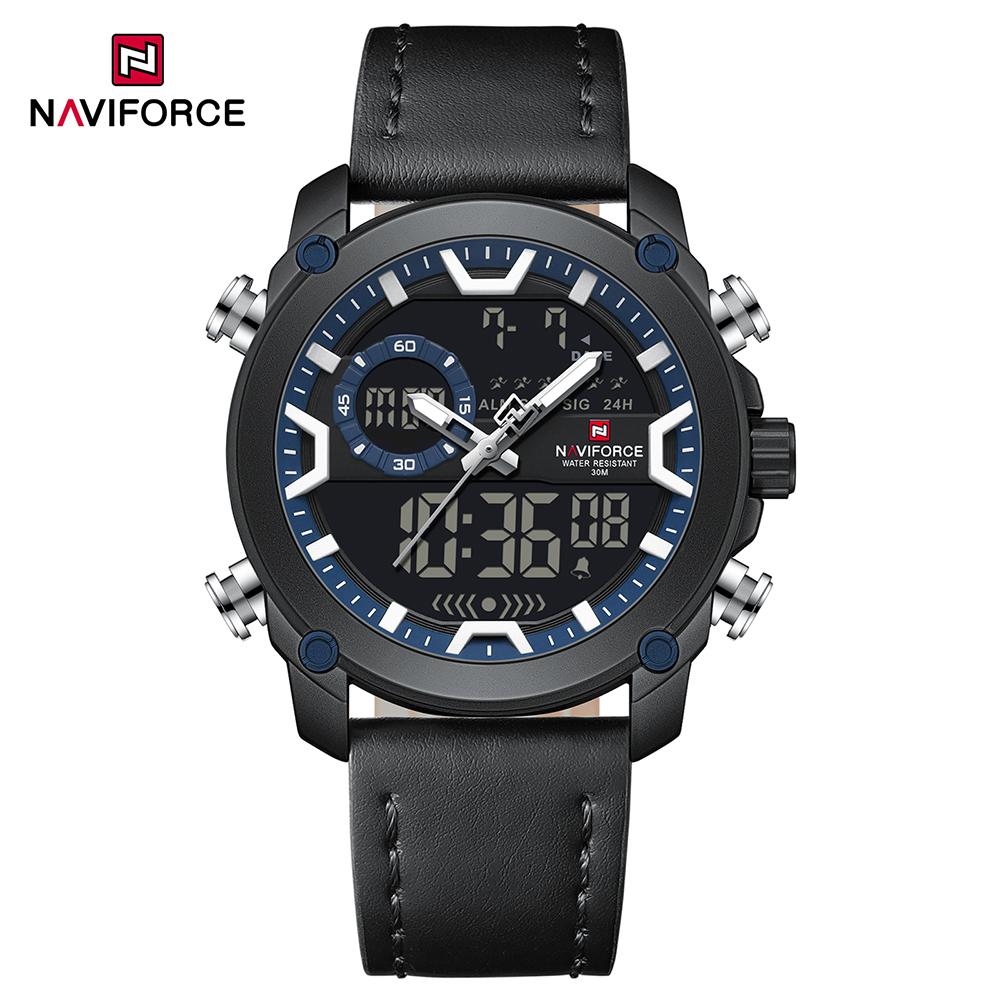 NAVIFORCE Original Men Quartz LCD Digital Watch Leather Strap Waterproof Luminous Pointer Calendar Date Men Boys Casual Watch NF9261