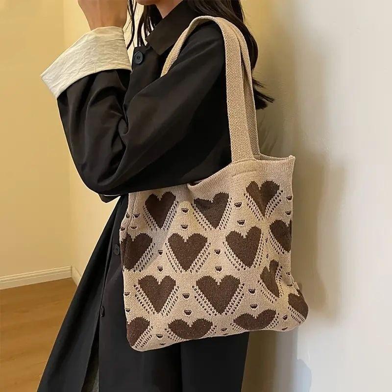 2026 New Ins Style Knitted Tote Bag with Heart Pattern Large Capacity Shoulder Bag for Women Daily Use and Shopping