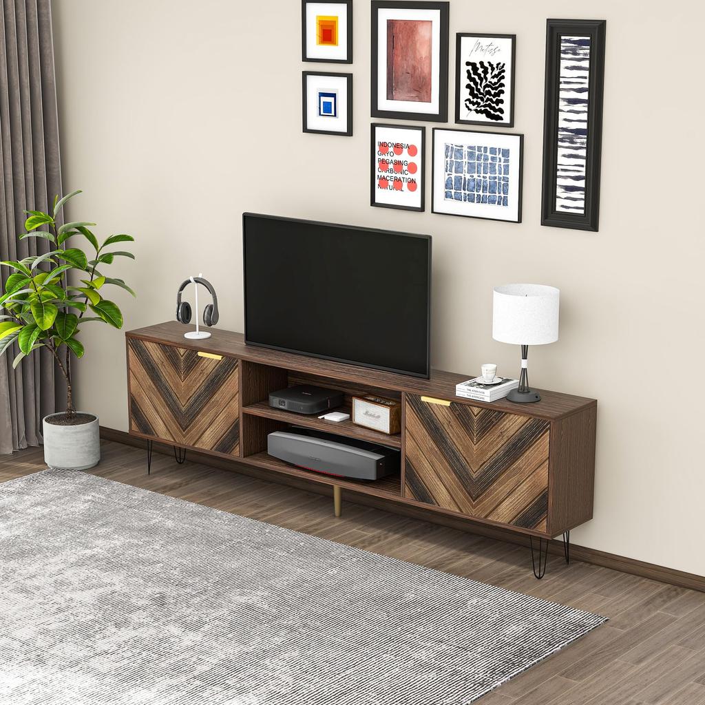 TV-Schrank, Lowboard mit 2 Türen aus Massivholzfurnier, goldene Griffe, Eisenfüße, 2 Fächer, Stauraum für TV & Zubehör, elegante Holzmaserung