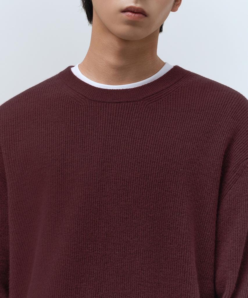 MUSINSA STANDARD [Victoria Wool] Minimal Ribbed Crew Neck Knit [Burgundy]