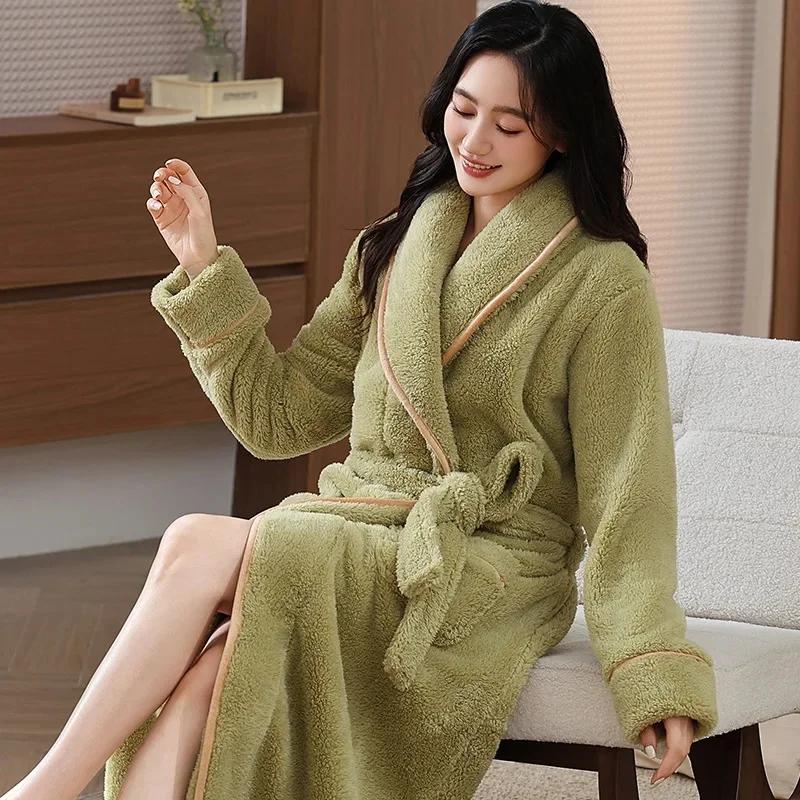 

Женский длинный толстый халат из кораллового флиса, зимняя домашняя одежда, однотонный, сохраняющий тепло, утренний халат, простой дизайн, зимняя пижама M зелёный