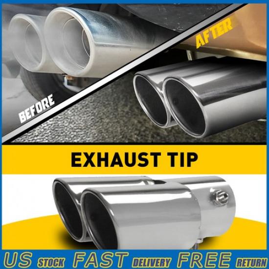 

Dual Pipe Exhaust Tail Muffler Throat Tip Chrome Car Stainless Steel 1.4 -2.5 V