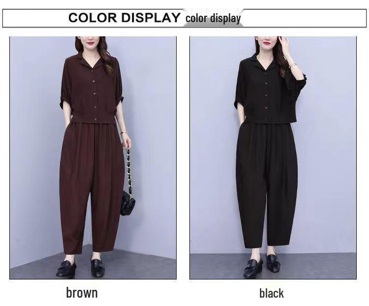 Luxury Ice Silk Women's Summer Fashion T-Shirt & Loose Two-Piece Set - Age-Defying, Belly-Covering, Solid Color