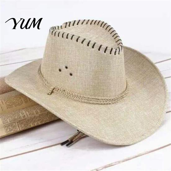 Outdoor UV Protection Hat Western Cowboy with Windbreak Rope for Men, Wide Brim Linen Sun Foldable Travel Travel, Halloween Cosplay Costume,