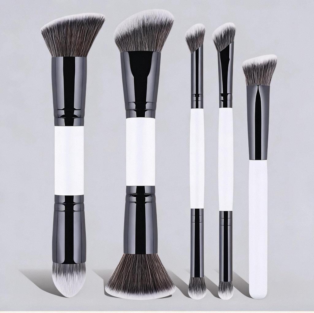 5 Double-Ended Makeup Brushes: Foundation, Blush, 3-Color Contour, Soft Bristle, Loose Powder, Beauty Tool Set