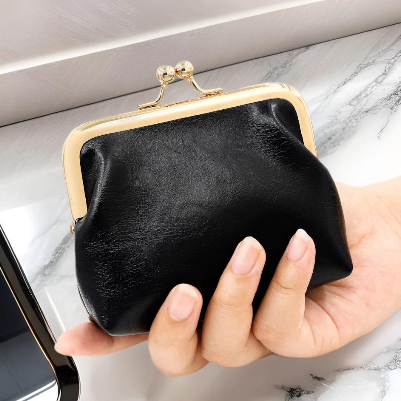 Retro Leather Mini Coin Purse with Gold Clip - Large Capacity
