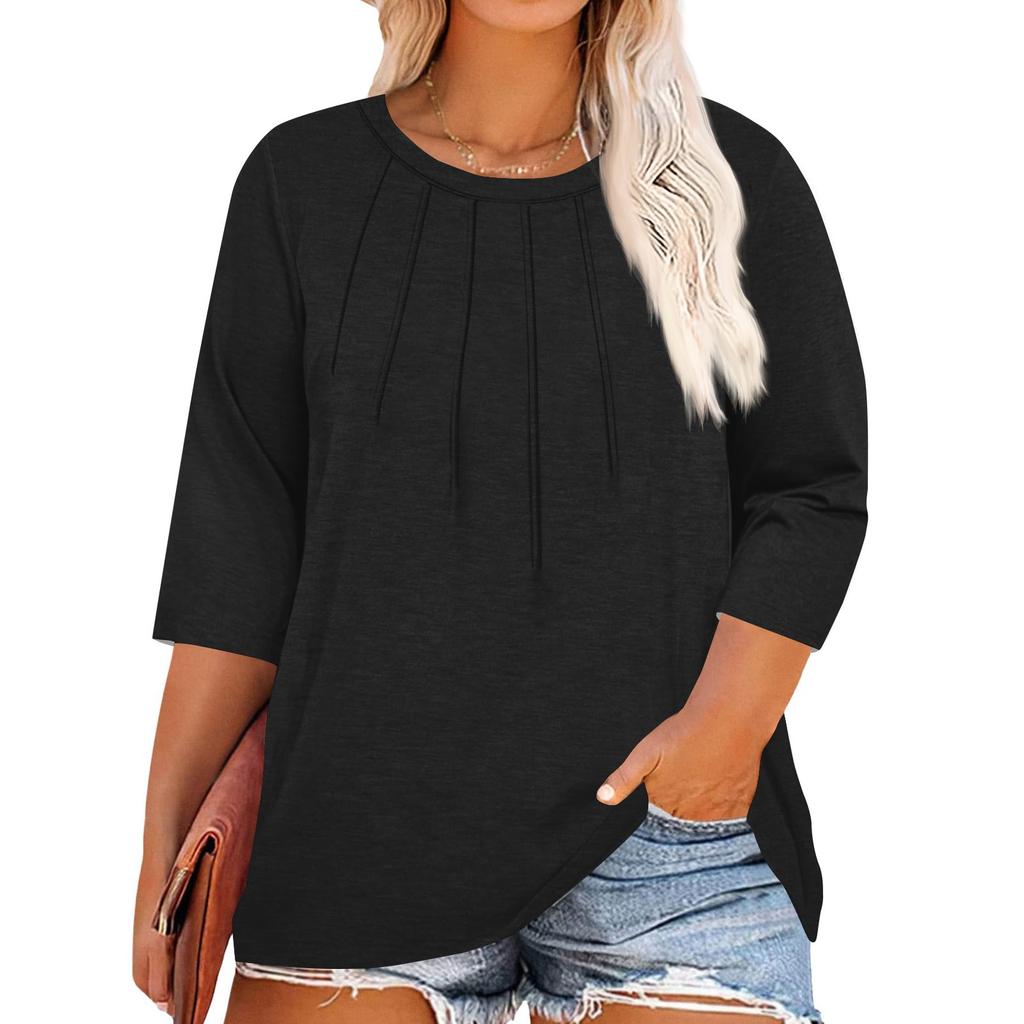 Women's Solid Color Round Neck Plus Size Tops 3/4 Sleeves Elegant Shirt Tops