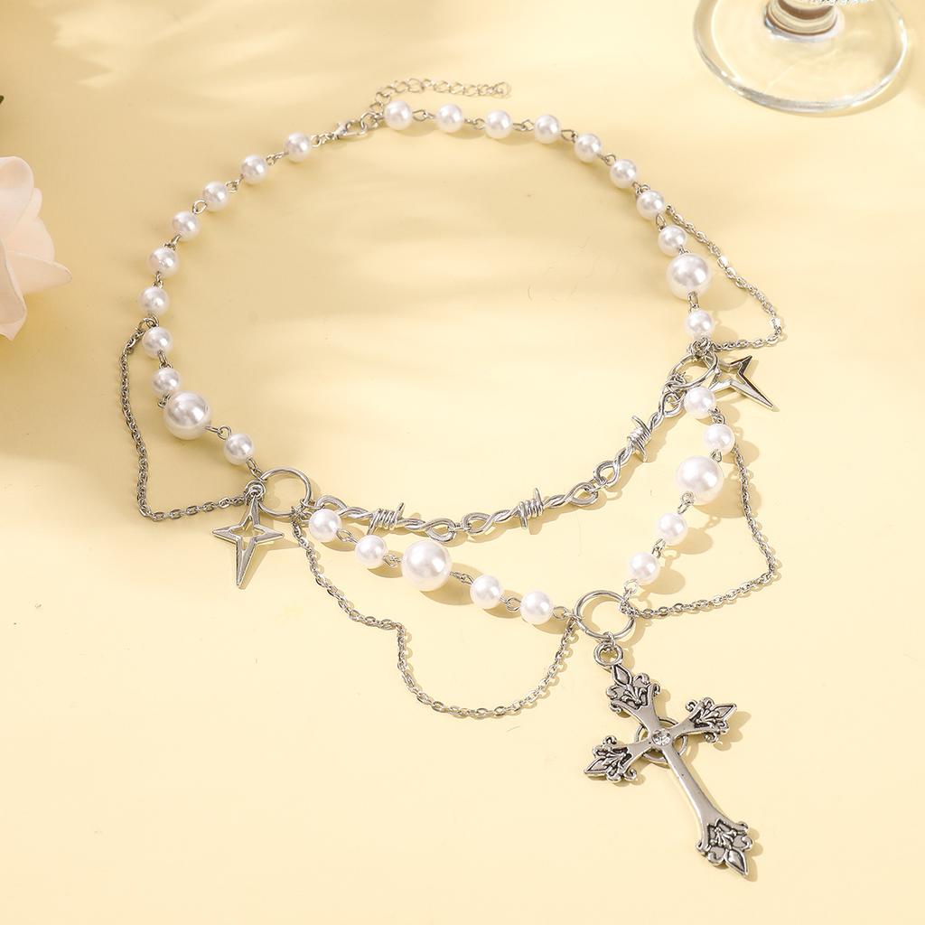 Niche High-end Design Double-layer Highlight Pearl Cross Star Cross Necklace Female Versatile