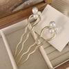 Chinese Style Faux Pearl Wave U-shaped Hairpin, Metal Golden Hair Stick, Bun Headwear