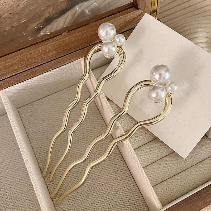 Chinese Style Faux Pearl Wave U-shaped Hairpin, Metal Golden Hair Stick, Bun Headwear