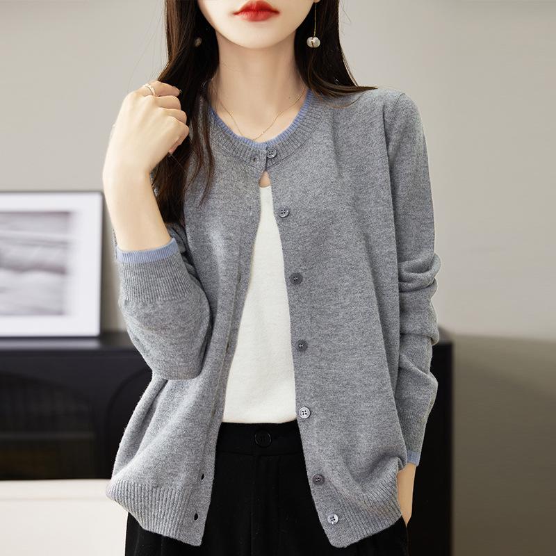 Women's 2024 Spring/Autumn Wool Knit Cardigan - Round Neck Cashmere Sweater Top