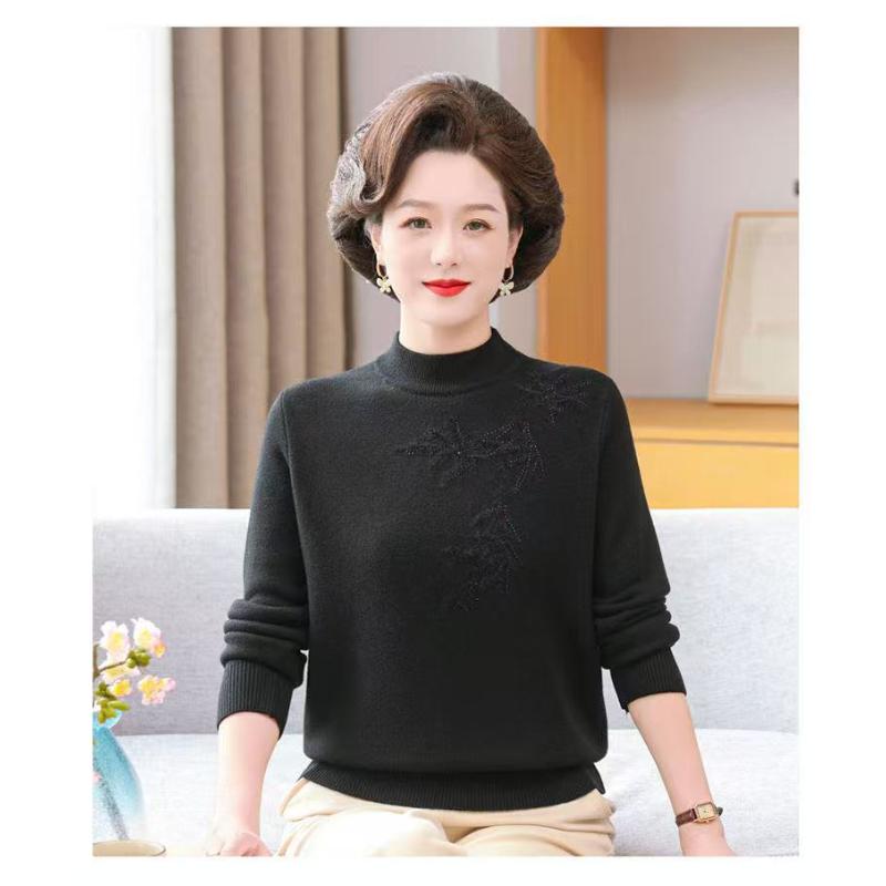 Winter Mother Dress Plus Velvet Thickened Sweater for Women Middle-aged Elderly Fashionable Knitted Base Top