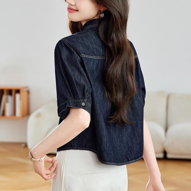 Denim Shirt Jacket for Women Short Sleeve Spring and Summer New Short Top Small Blue Shirt