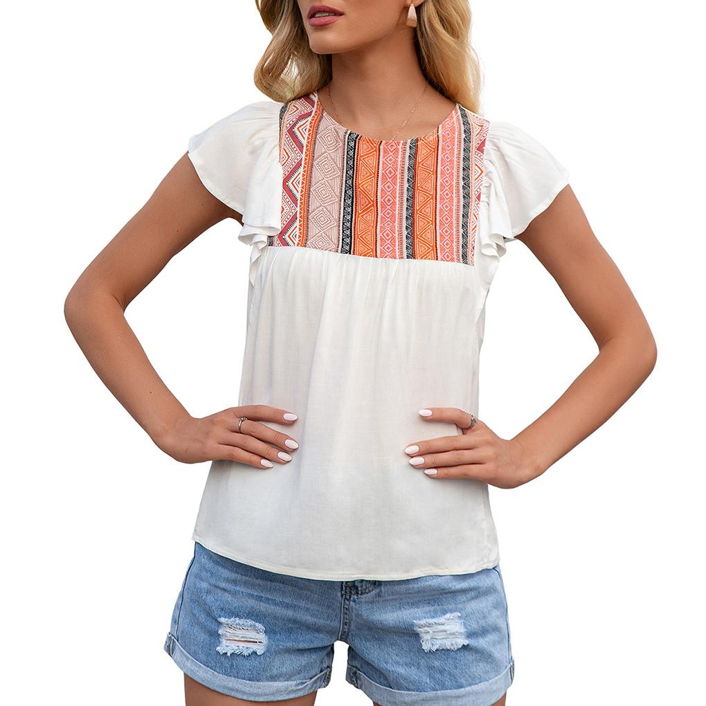 

Women T-shirt Ethnic Ruffled Short Sleeve Round Neck Loose Casual Top