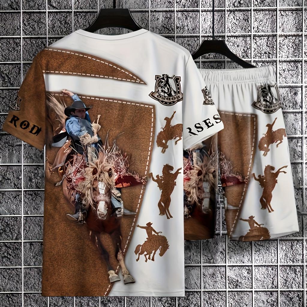 2-teiliges Outfit-Set für Herren mit Farbblock-Digitaldruck und Pferdemotiv, Set mit kurzärmeligem T-Shirt und atmungsaktiven Shorts für den Sommer im Freien