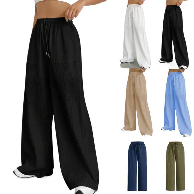 Western Women's Casual Solid Color Drawstring Straight Leg Slight Flare Pocket Casual Pants