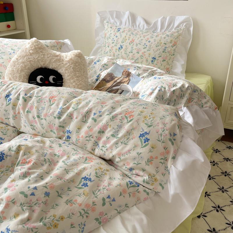 

Комплект постельного белья в корейском стиле «Принцесса», цветочный, из стиранного хлопка, винтажный, французский пасторальный, цветы, кружевные оборки, комплект пододеяльника и наволочек 150x200cm 2pcs