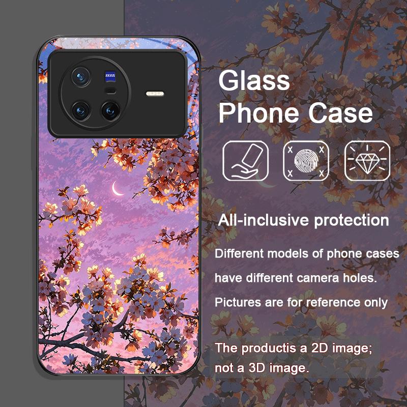 Moon Cherry Blossom Pattern Scenery Tempered Glass Phone Case for OPPO Reno 13 F 12 11 Pro 10 SE Find X3 Lite X5 A79 A58 Covers