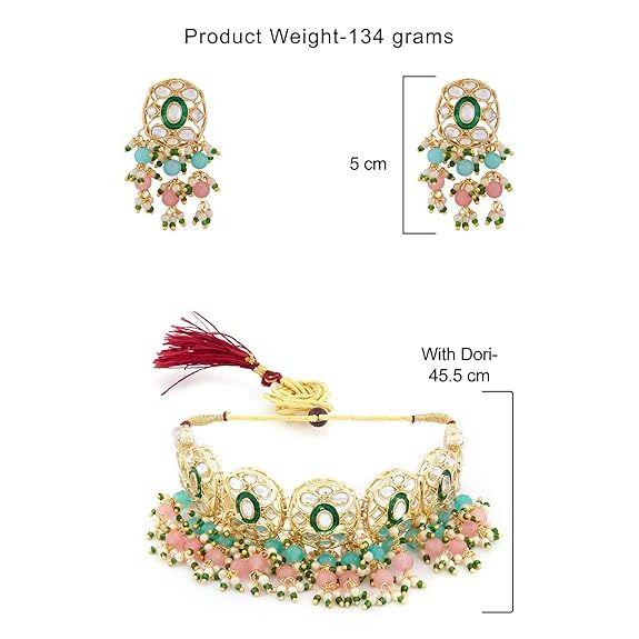 Pink & Green Beads Cluster Drops Kundan Choker Necklace Earring & Ring Set For Women