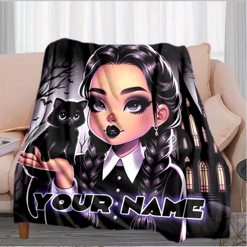 1PC Custom Name Gothic Cat Girl Artwork flannel blanket versatile,all-season throw suitable for the living room,bedroom,camping,travel,and gift