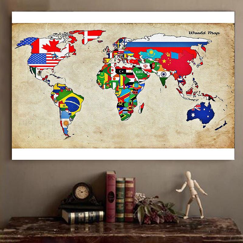 Kunst-Hintergrundtuch Retro-Weltkarte mit Nationalflaggen Wandposter, Rahmenlos für Zuhause Geografische Werkzeuge, Reisebedarf
