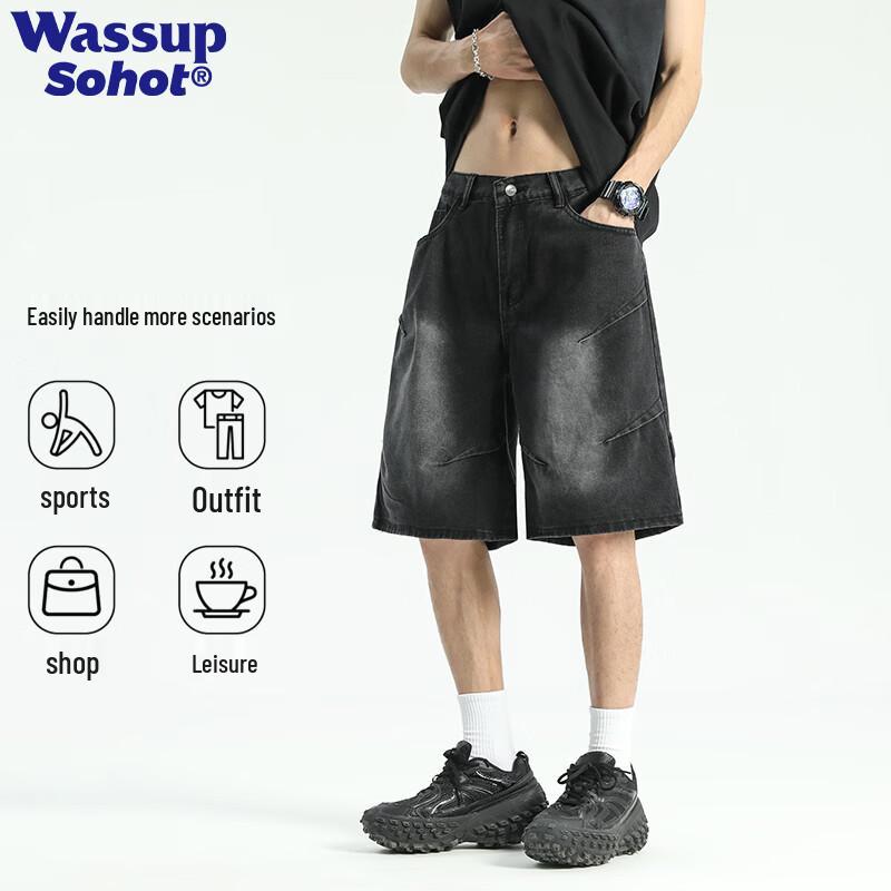 Wassup Sohot Men s Washed Pleated Denim Shorts L
